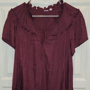 Burgundy, front-tie, silky blouse